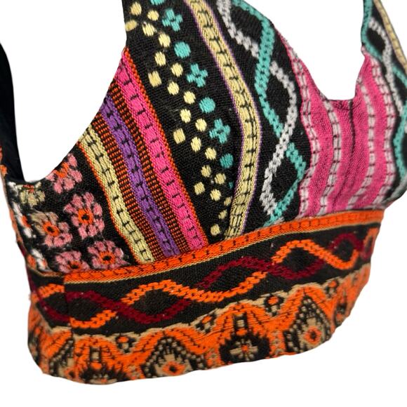 Tribal Festival Black Orange Pink Embroidered Cotton Tank Crop Bra Top size S - Picture 5 of 7